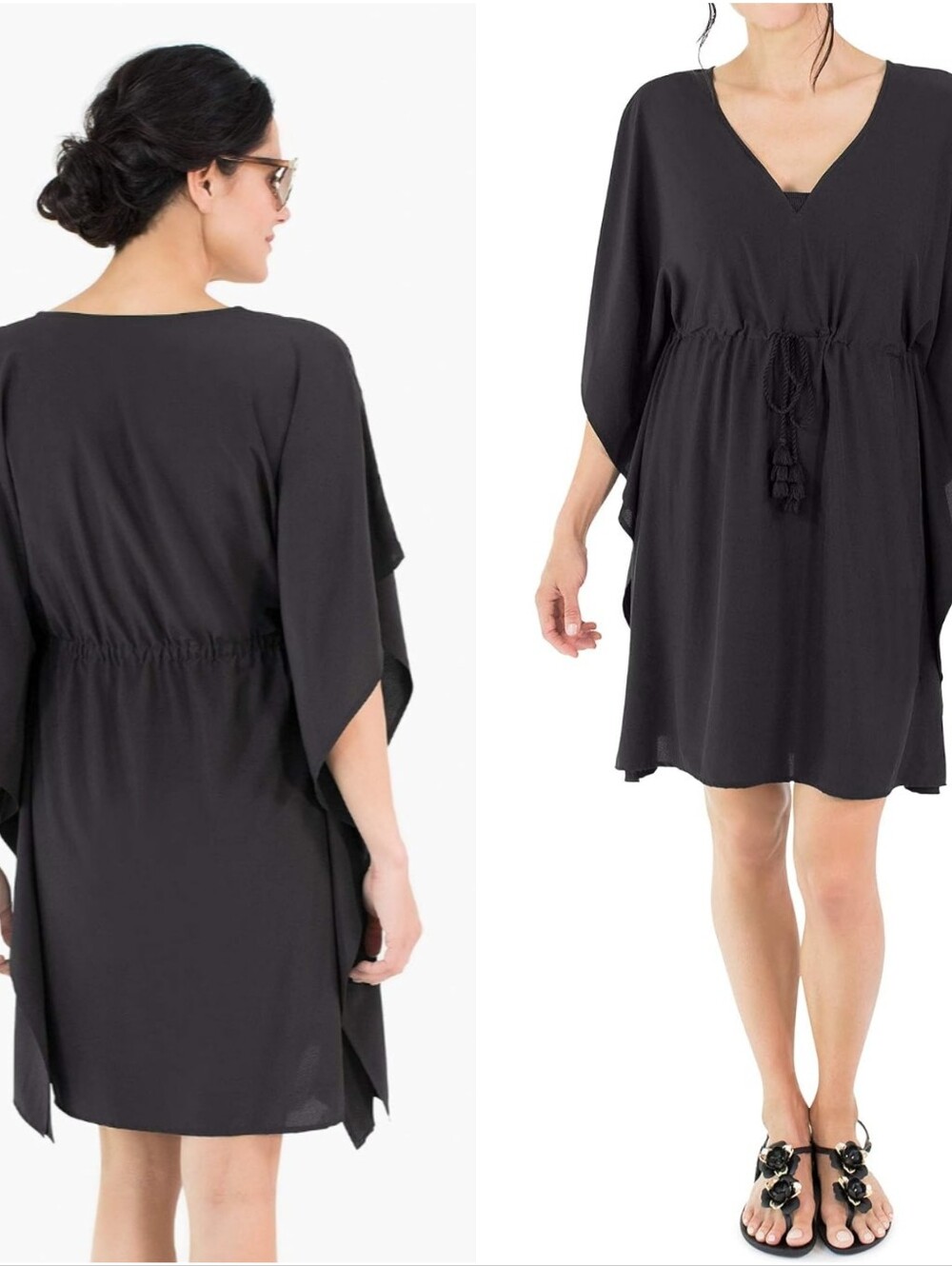 NEW! SUN50 V-Neck Popover Swim CoverUp Tunic Dress Boho Tassel Cinched Waist Med